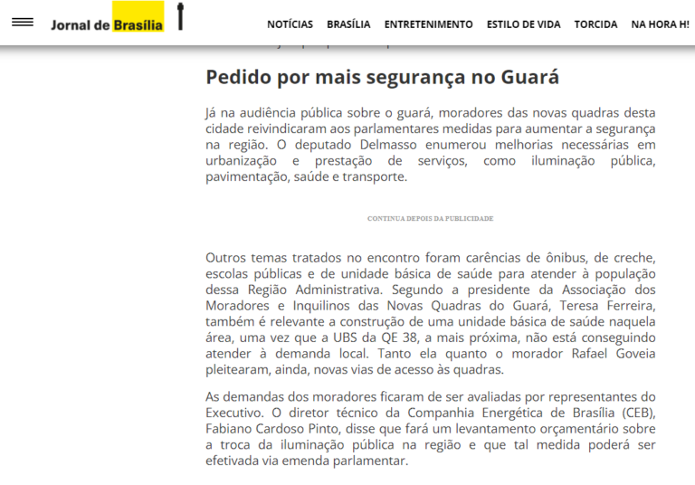 Jornal de Brasília: Em dia de audiências e comissão geral, CLDF discute carreiras e melhorias no Guará