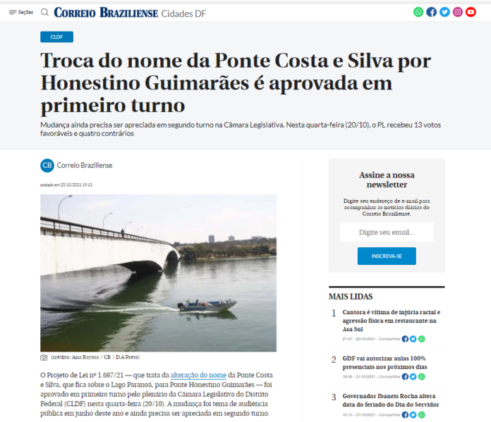 Correio Brasiliense: Troca do nome da Ponte Costa e Silva por Honestino Guimarães é aprovada em primeiro turno