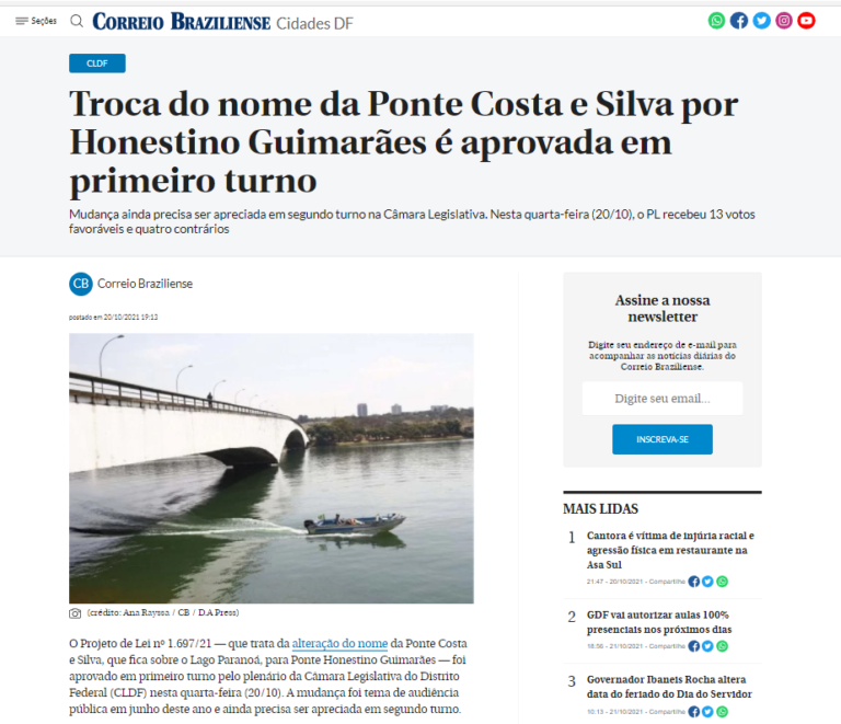 Correio Brasiliense: Troca do nome da Ponte Costa e Silva por Honestino Guimarães é aprovada em primeiro turno