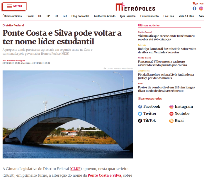 Metrópoles: Ponte Costa e Silva pode voltar a ter nome líder estudantil