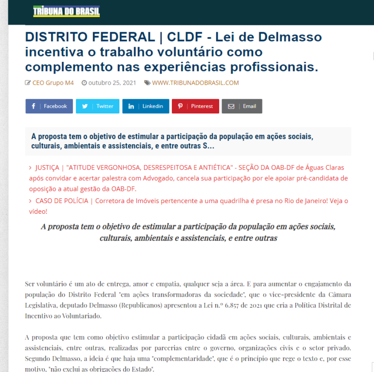 Tribuna do Brasil: Lei de Delmasso incentiva o trabalho voluntário como complemento nas experiências profissionais.