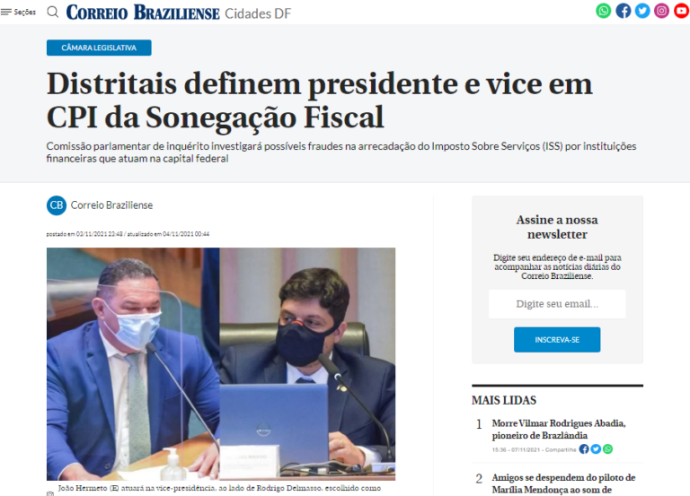 Correio Braziliense: Distritais definem presidente e vice em CPI da Sonegação Fiscal