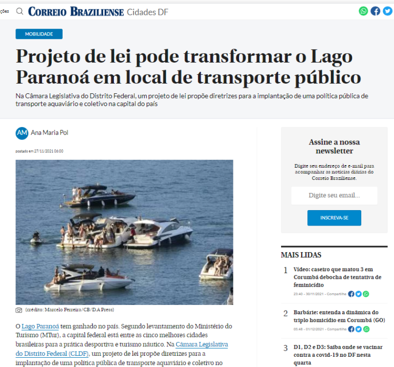 Correio Braziliense: Projeto de lei pode transformar o Lago Paranoá em local de transporte público