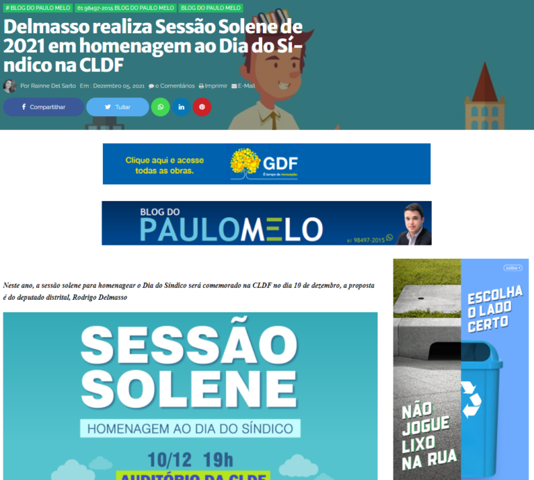 Blog do Paulo Melo: Delmasso realiza Sessão Solene na CLDF em homenagem ao Dia do Síndico