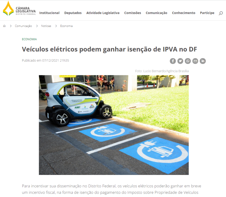 Agência CLDF: Veículos elétricos podem ganhar isenção de IPVA no DF