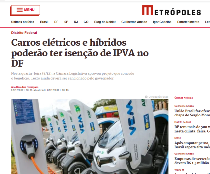 Metrópoles: Carros elétricos e híbridos poderão ter isenção de IPVA no DF