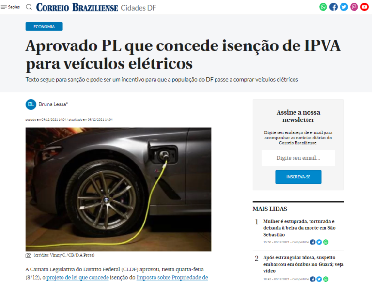 Correio Braziliense: Aprovado PL que concede isenção de IPVA para veículos elétricos