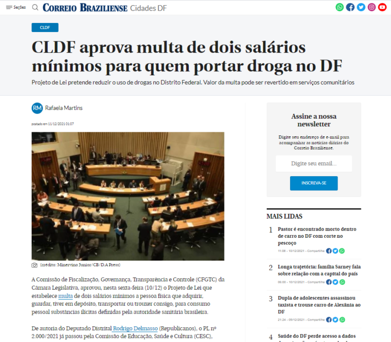 Correio Braziliense: CLDF aprova multa de dois salários mínimos para quem portar droga no DF