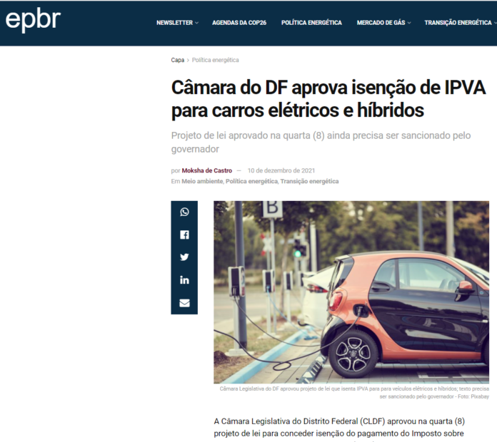 EPBR: Câmara do DF aprova isenção de IPVA para carros elétricos e híbridos