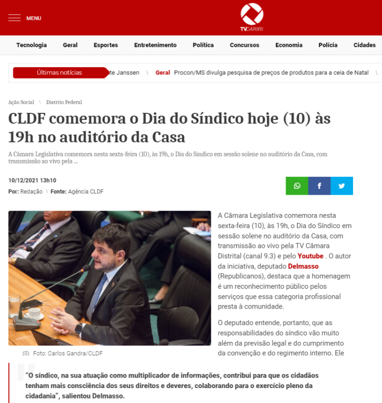 TV Cariri: CLDF comemora o Dia do Síndico hoje (10) às 19h no auditório da Casa