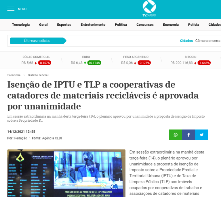 TV Cariri: Isenção de IPTU e TLP a cooperativas de catadores de materiais recicláveis é aprovada por unanimidade