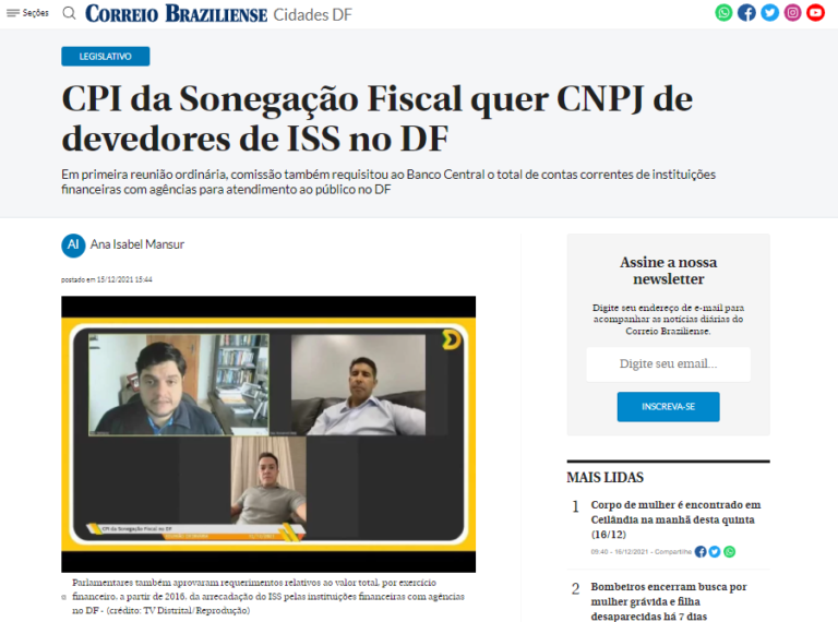 Correio Braziliense: CPI da Sonegação Fiscal quer CNPJ de devedores de ISS no DF