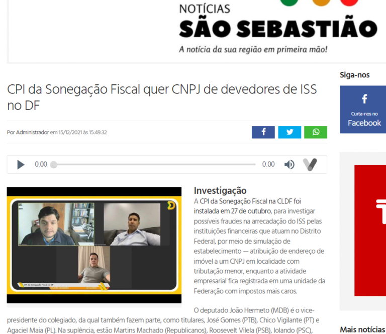 Notícias São Sebastião: CPI da Sonegação Fiscal quer CNPJ de devedores de ISS no DF