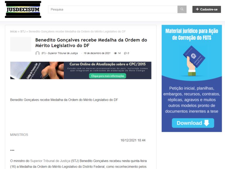 Jusdecisum: Benedito Gonçalves recebe Medalha da Ordem do Mérito Legislativo do DF