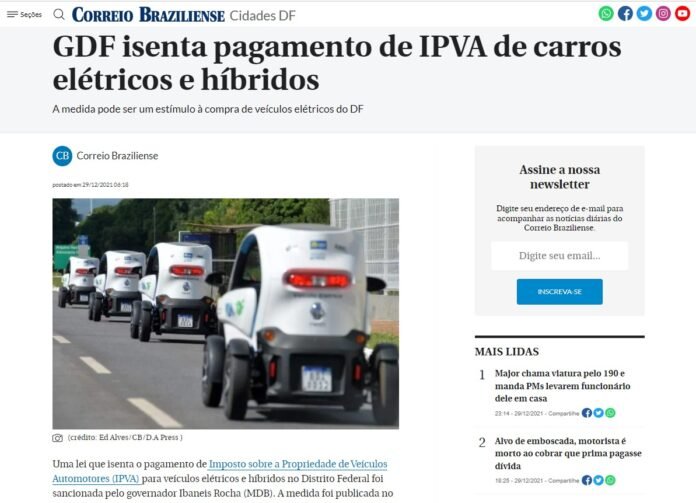 Correio Braziliense: GDF isenta pagamento de IPVA de carros elétricos e híbridos