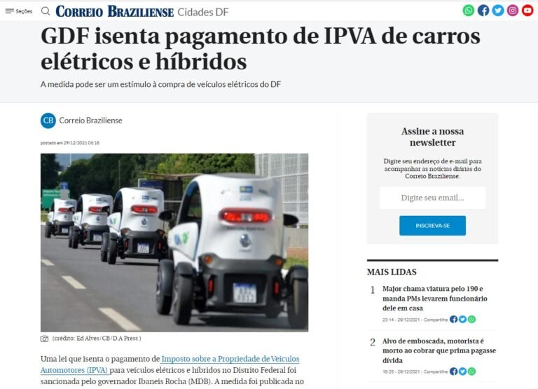 Correio Braziliense: GDF isenta pagamento de IPVA de carros elétricos e híbridos