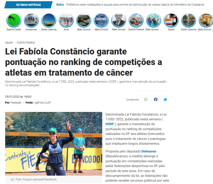 Destaque Jornal: Lei Fabíola Constâncio garante pontuação no ranking de competições a atletas em tratamento de câncer