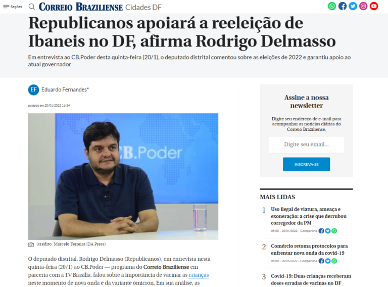 Correio Braziliense: Republicanos apoiará a reeleição de Ibaneis no DF, afirma Rodrigo Delmasso