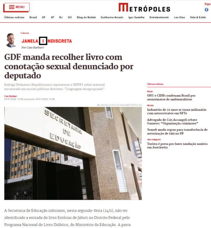 Metrópoles: GDF manda recolher livro com conotação sexual denunciado por deputado