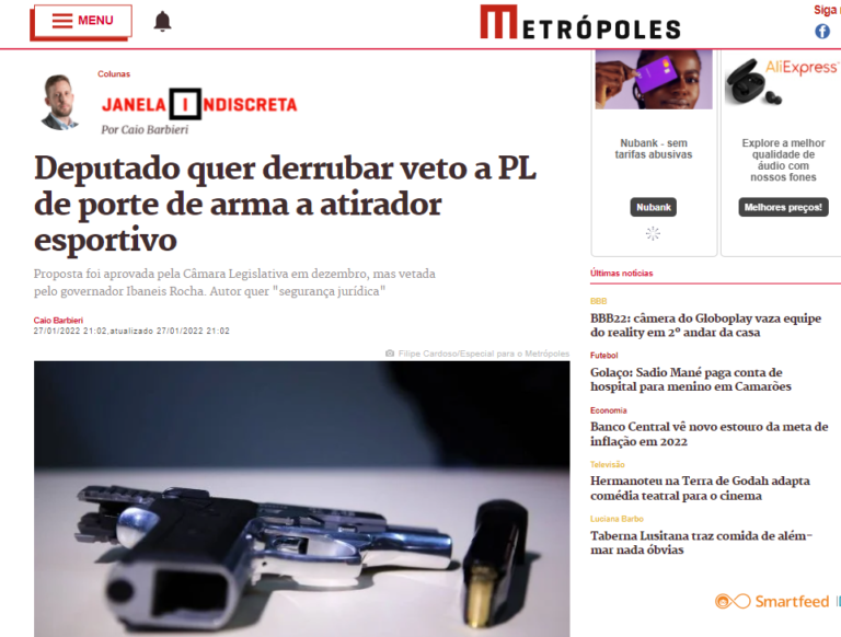 Metrópoles: Deputado quer derrubar veto a PL de porte de arma a atirador esportivo