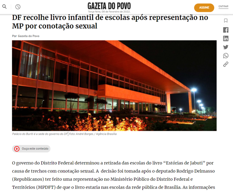 Gazeta do Povo: DF recolhe livro infantil de escolas após representação no MP por conotação sexual