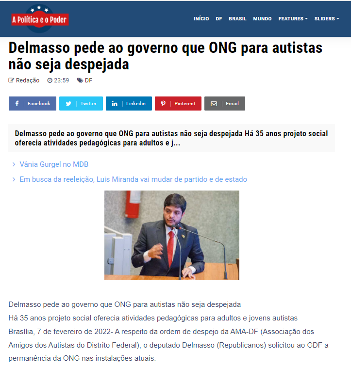 A Política e o Poder: Delmasso pede ao governo que ONG para autistas não seja despejada