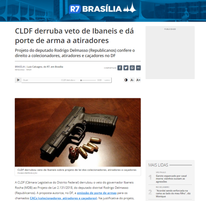 R7 Brasília: CLDF derruba veto de Ibaneis e dá porte de arma a atiradores