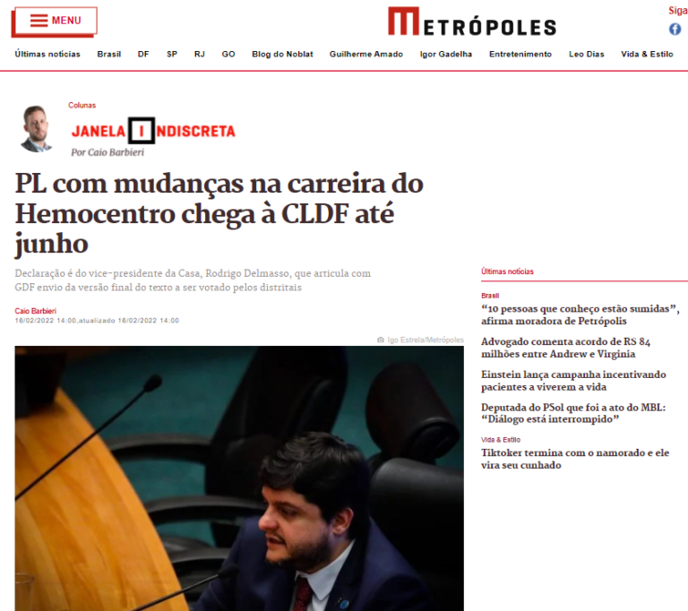 Metrópoles: PL com mudanças na carreira do Hemocentro chega à CLDF até junho