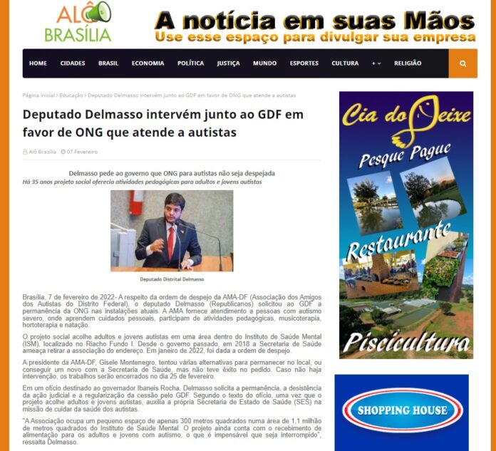 Alô Brasília: Deputado Delmasso intervém junto ao GDF em favor de ONG que atende a autistas