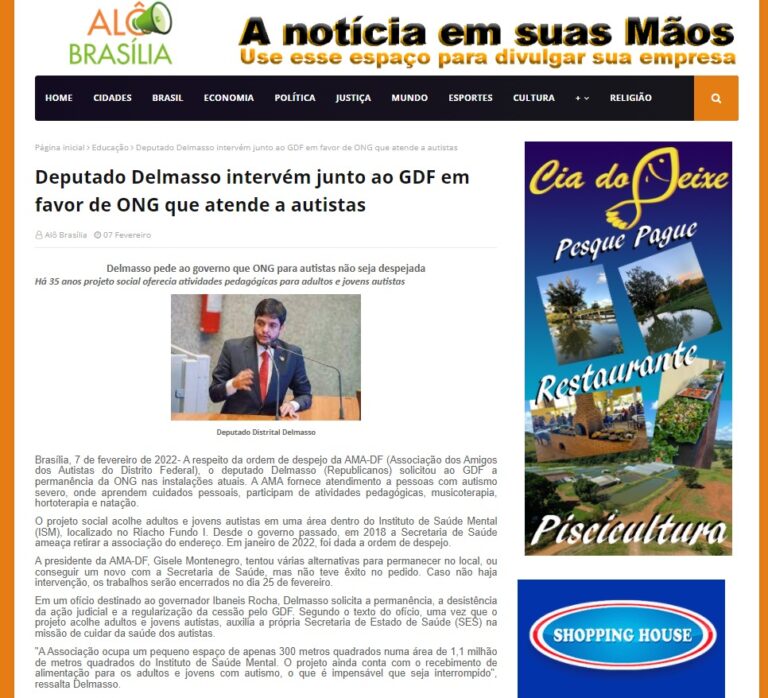 Alô Brasília: Deputado Delmasso intervém junto ao GDF em favor de ONG que atende a autistas