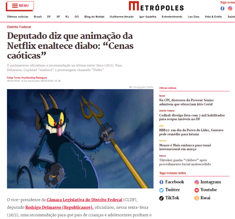 Metrópoles: Deputado diz que animação da Netflix enaltece diabo: “Cenas caóticas”