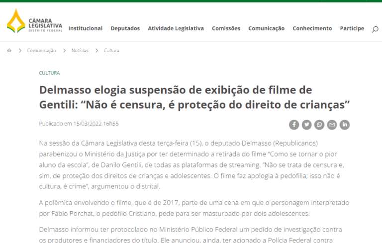 Agência CLDF: Delmasso elogia suspensão de exibição de filme de Gentili: “Não é censura, é proteção do direito de crianças”