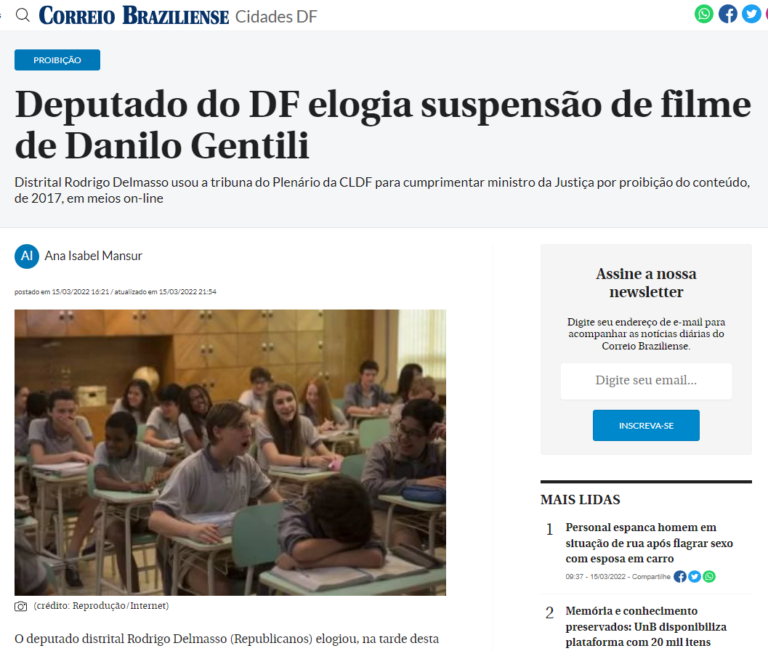 Correio Braziliense: Deputado do DF elogia suspensão de filme de Danilo Gentili