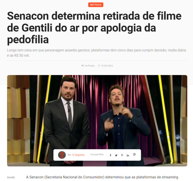 O Segredo: Senacon determina retirada de filme de Gentili do ar por apologia da pedofilia