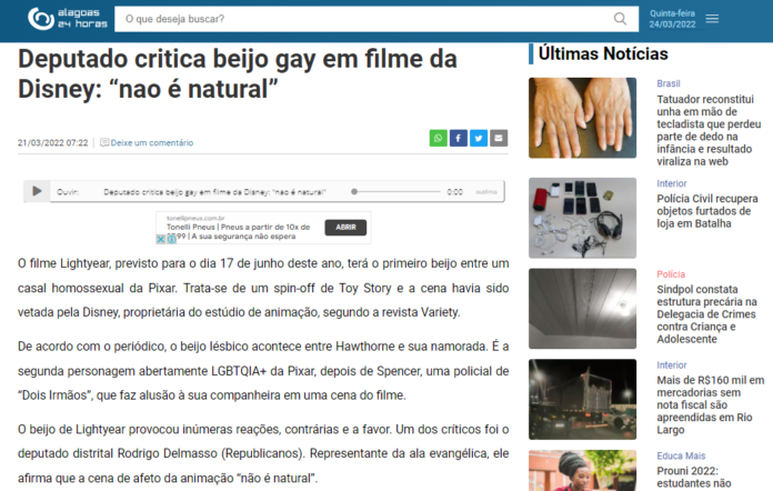 Alagoas 24 horas: Deputado critica beijo gay em filme da Disney: “nao é natural”