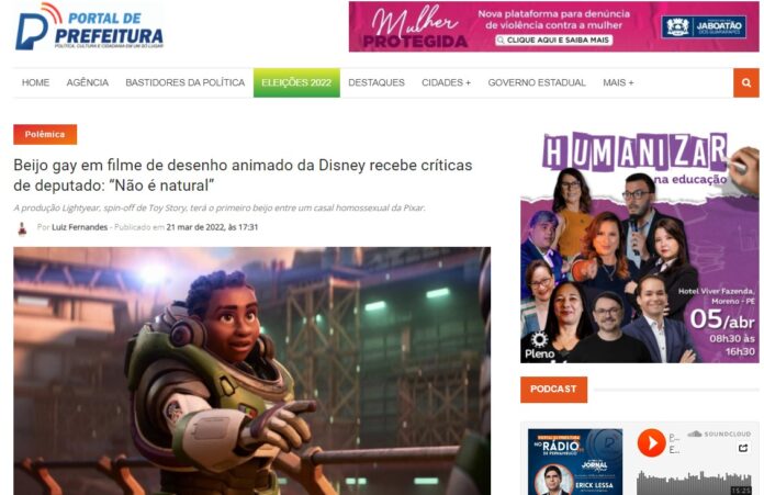 Portal de Prefeitura: Beijo gay em filme de desenho animado da Disney recebe críticas de deputado: “Não é natural”