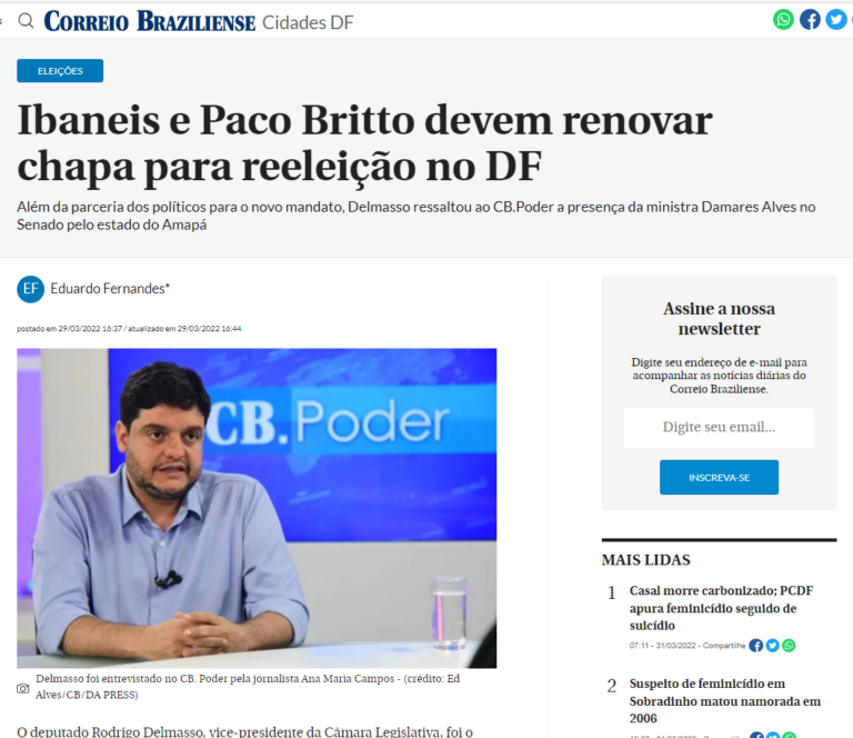 Correio Braziliense: Ibaneis e Paco Britto devem renovar chapa para reeleição no DF