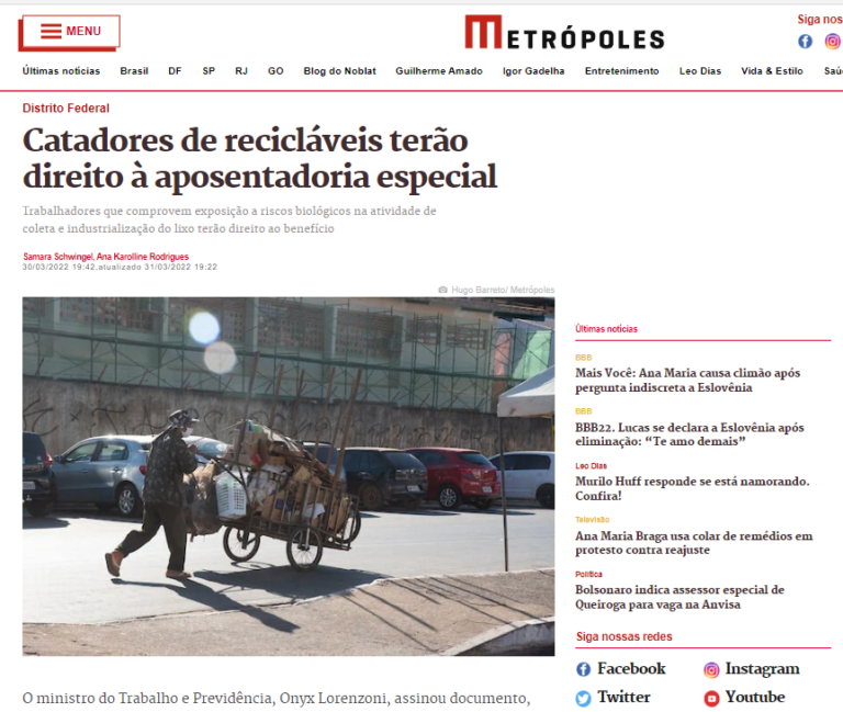 Metrópoles: Catadores de recicláveis terão direito à aposentadoria especial