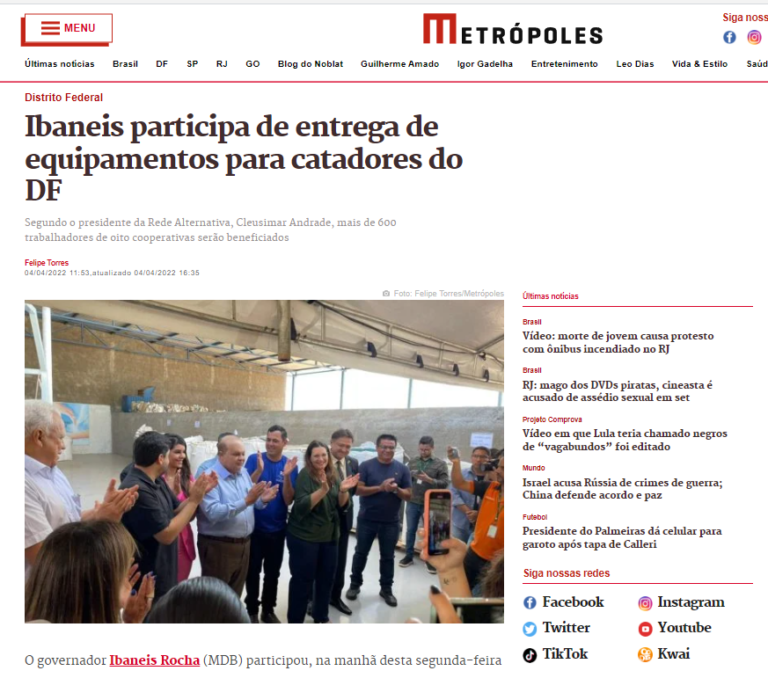 Metrópoles: Ibaneis participa de entrega de equipamentos para catadores do DF