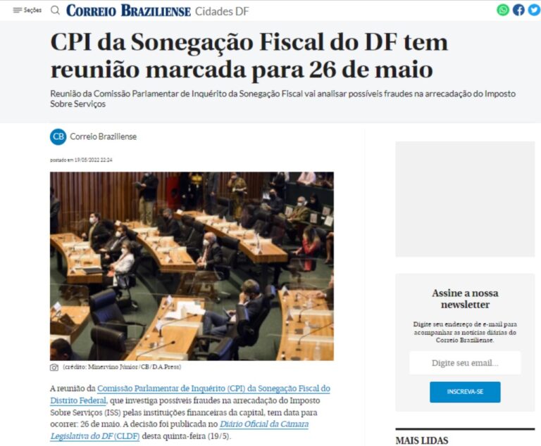 Correio Braziliense: CPI da Sonegação Fiscal do DF tem reunião marcada para 26 de maio