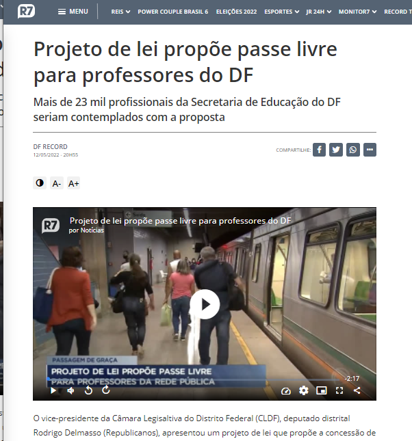 R7: Projeto de lei propõe passe livre para professores do DF