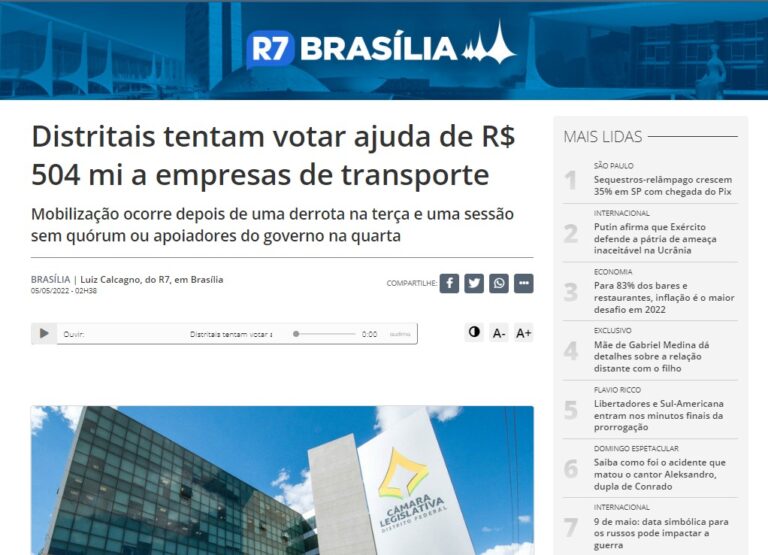 R7: Distritais tentam votar ajuda de R$ 504 mi a empresas de transporte