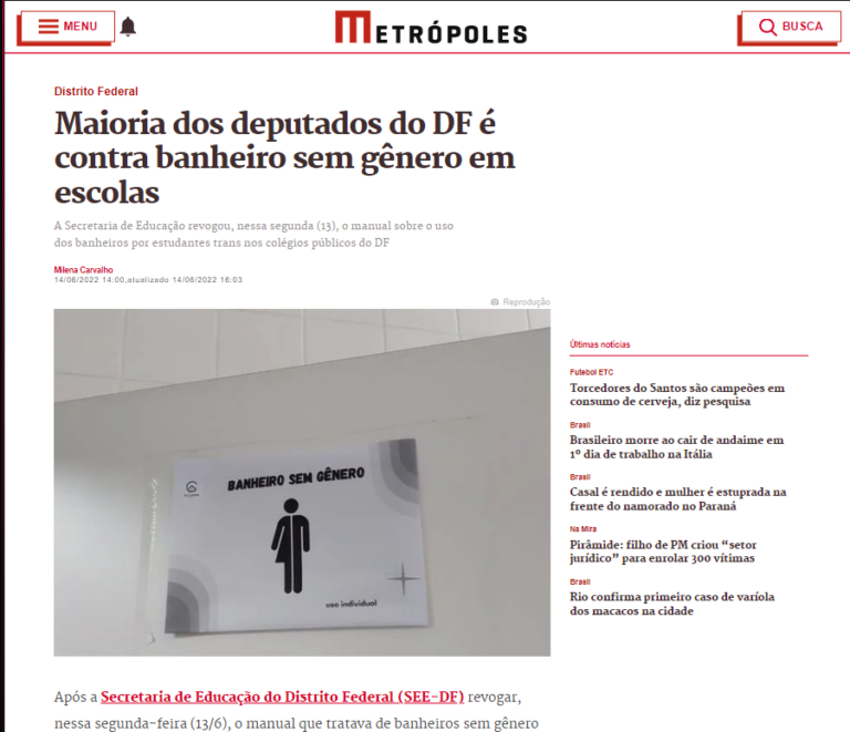 Metrópoles: Maioria dos deputados do DF é contra banheiro sem gênero em escolas