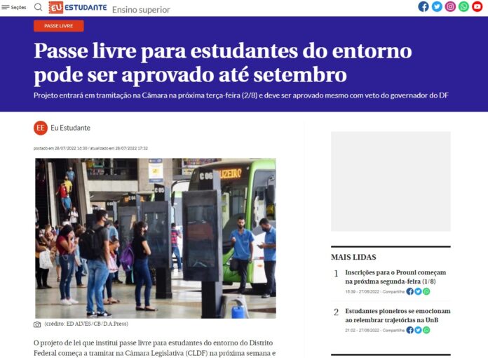 Correio Braziliense: Passe livre para estudantes do entorno pode ser aprovado até setembro