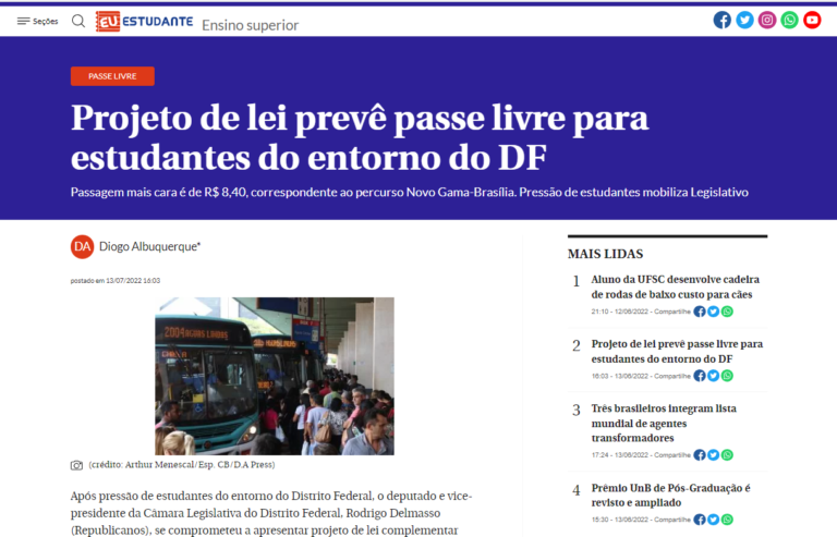 Correio Braziliense: Projeto de lei prevê passe livre para estudantes do entorno do DF