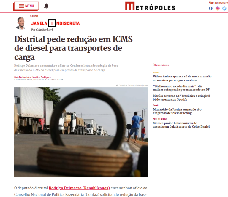 Metrópoles: Distrital pede redução em ICMS de diesel para transportes de carga