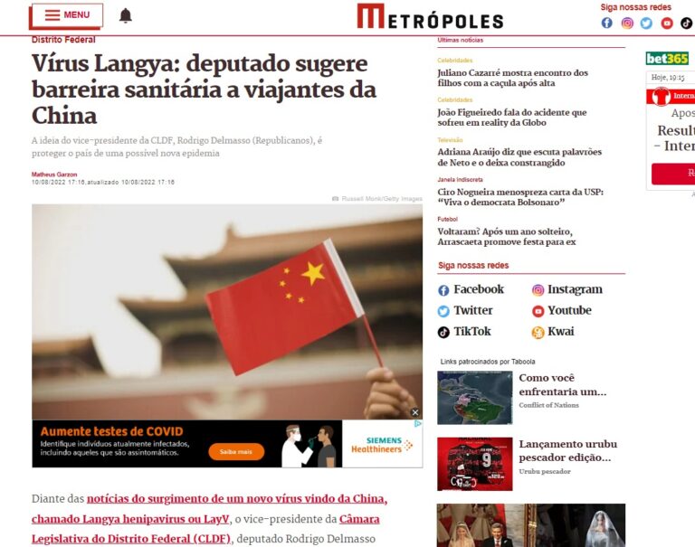 Metrópoles: Vírus Langya: deputado sugere barreira sanitária a viajantes da China