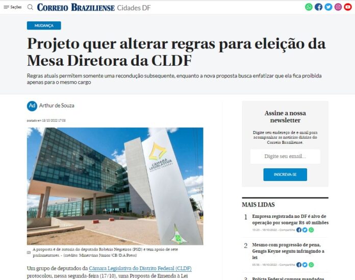 Correio Braziliense: Projeto quer alterar regras para eleição da Mesa Diretora da CLDF