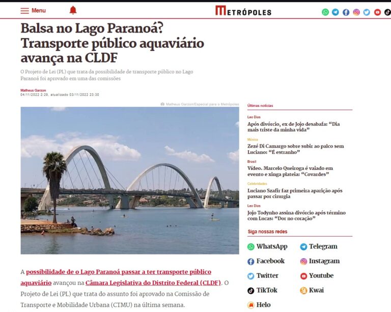 Metrópoles: Balsa no Lago Paranoá? Transporte público aquaviário avança na CLDF